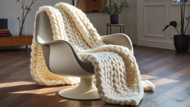 Grobstrick-Wolldecke über einem Sessel im ruhigen Wohnzimmer, Illustration